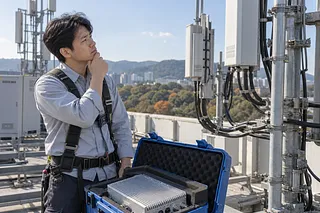 屋上の携帯通信アンテナと設備を点検する安全帯姿の技術者