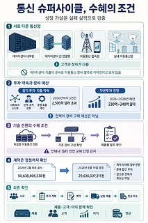 통신 슈퍼사이클 수혜 여부를 통신망·투자 예산·기술 전환·계약·현금 회수로 점검한 인포그래픽