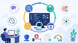 AI robot and code dashboard surrounded by loop arrows, goal, schedule, security, and cost control icons