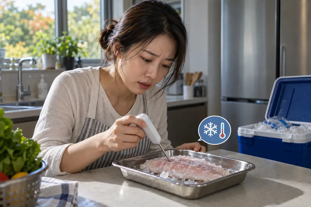 주방에서 여성이 얼음 위 생선의 온도를 탐침 온도계로 확인하는 모습