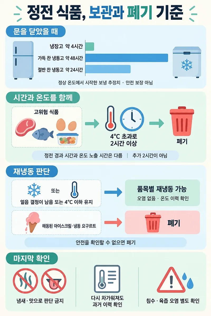 정전 시 냉장·냉동 식품의 보관 시간, 폐기 기준과 재냉동 판단법을 안내하는 인포그래픽