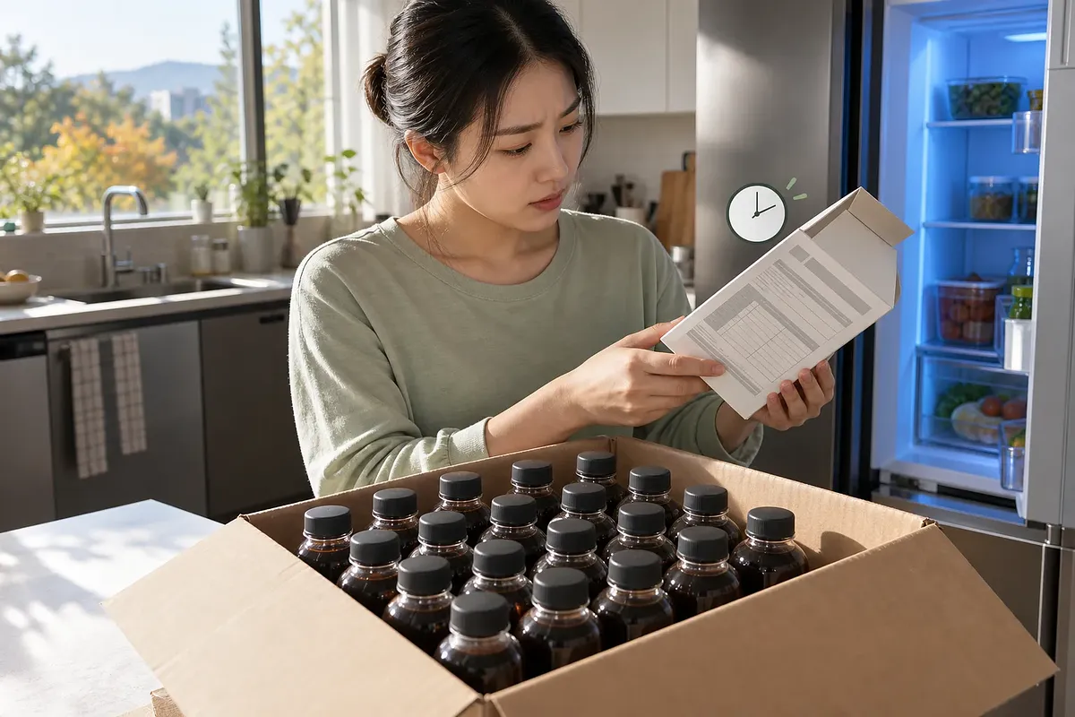 キッチンでラベルレスコーヒー20本入りの箱を前にパッケージを確認する女性
