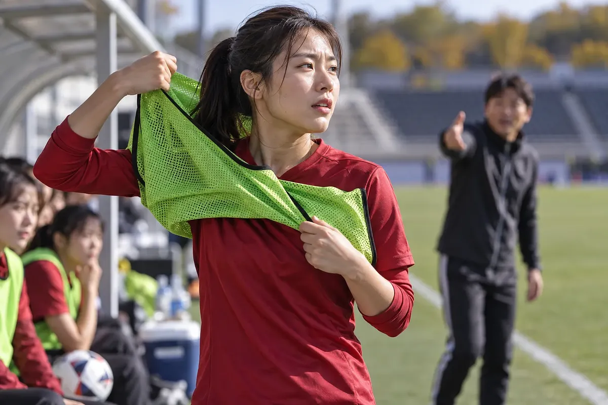 축구장 벤치 앞에서 초록색 조끼를 벗는 붉은 유니폼의 여자 선수