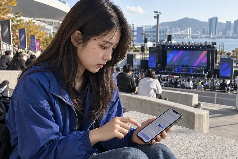 釜山の海辺の屋外会場でスマートフォンから座席を選ぶ女性