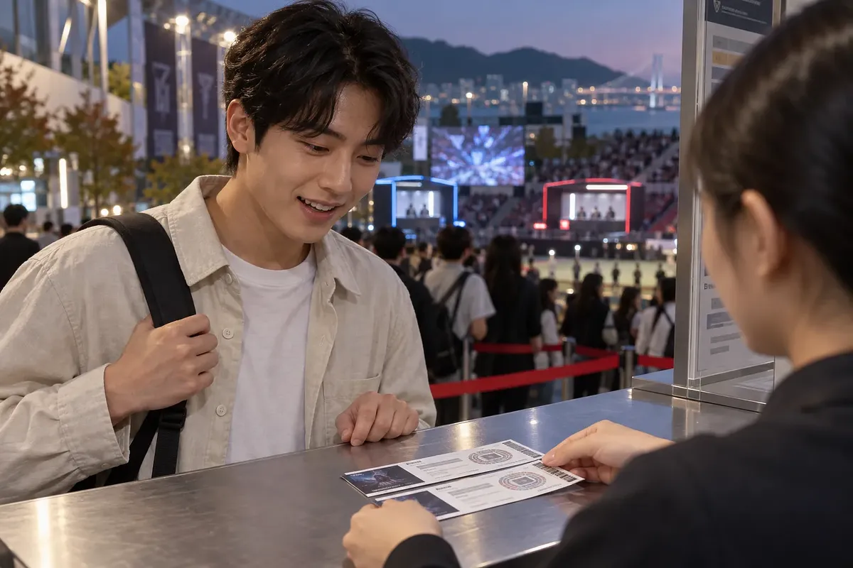 Attendee receiving tickets from staff at an esports arena counter