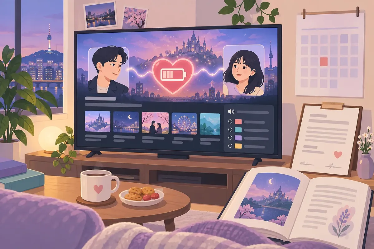Televisor en una sala acogedora con un hombre, una mujer y un corazón con batería baja