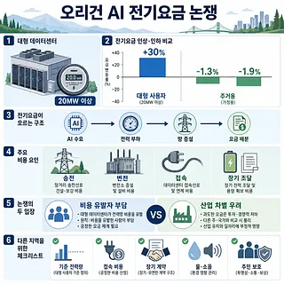 오리건 AI 전기요금 논쟁을 설명하는 데이터센터와 요금 비교 인포그래픽