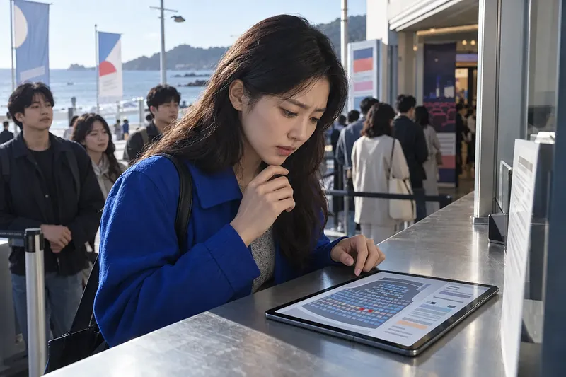 海辺の映画祭チケット窓口でタブレットの座席表を確認する青い上着の女性