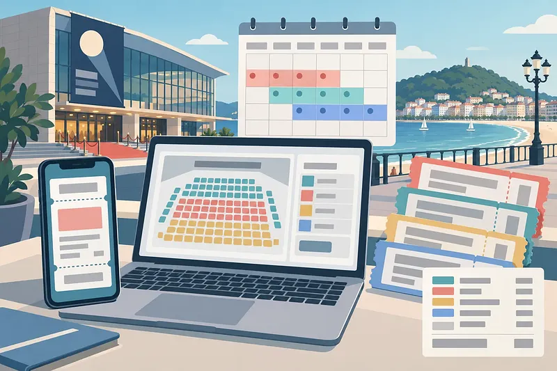 Pantalla de reservas, entrada móvil y calendario ante un cine y la bahía de San Sebastián