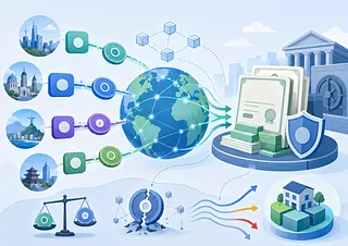 Digital tokens flow through a global network toward reserve assets, security controls, and tokenized property