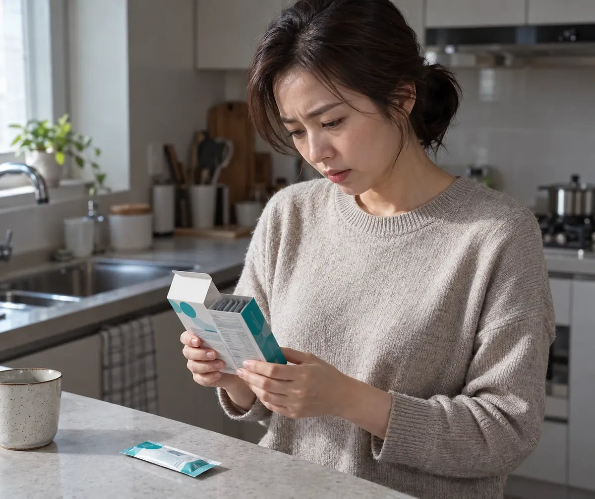 주방에서 유산균 제품 상자의 성분표를 확인하는 여성과 조리대 위 스틱 포장