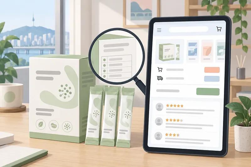 Probiotic box and sachets beside a tablet showing product ratings, with a magnifying glass over the label