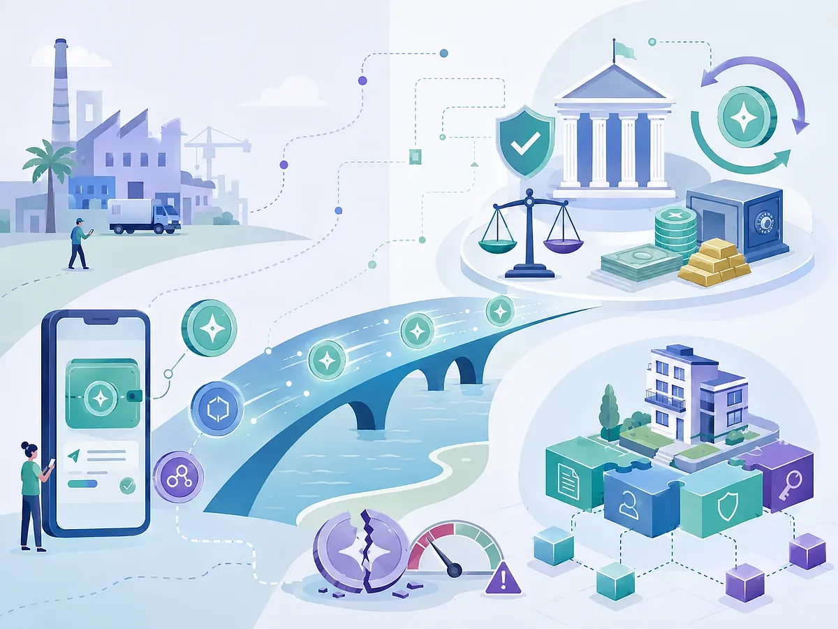 Tokens digitales pasan de una cartera móvil por un puente hacia reservas, regulación y bienes tokenizados