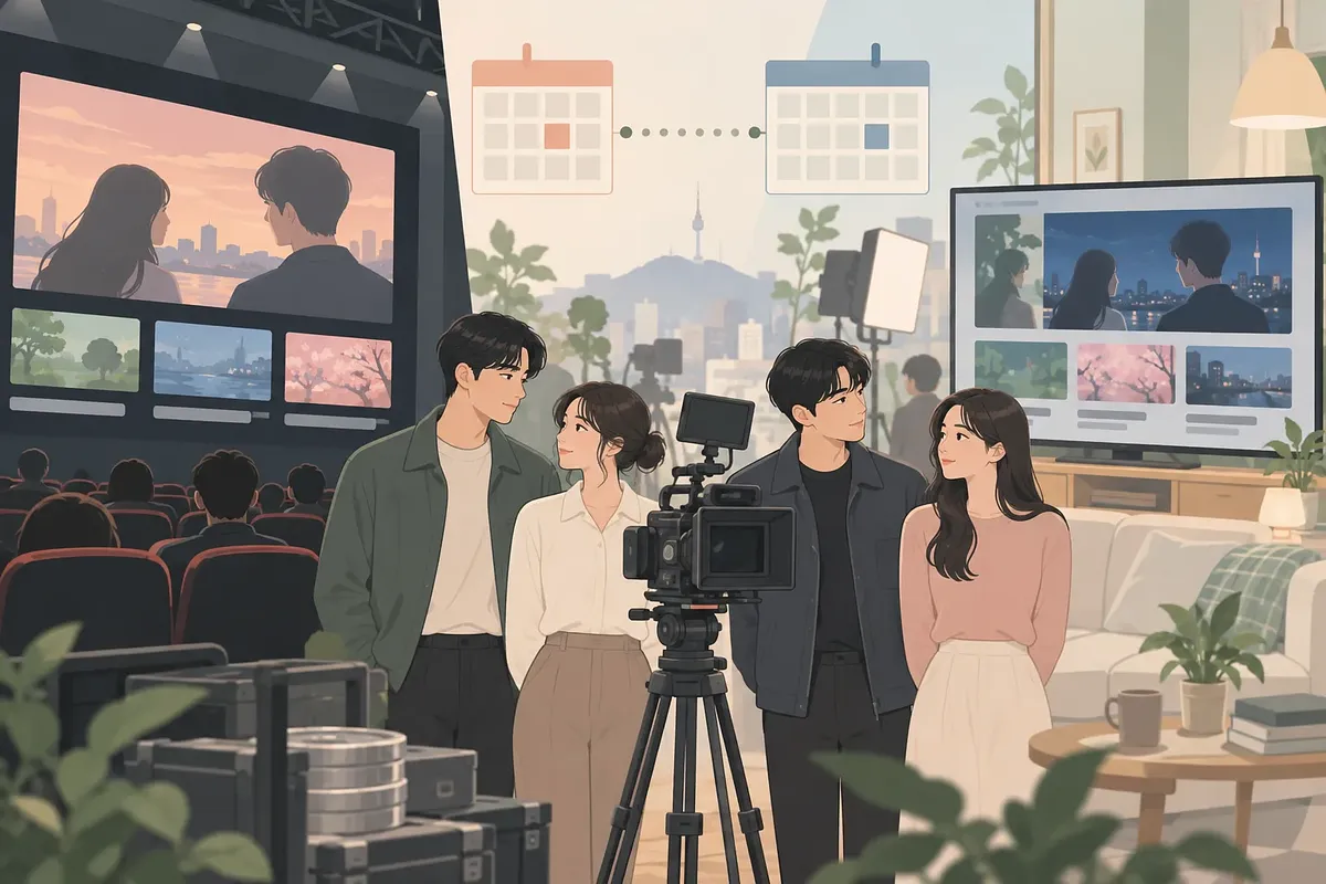 카메라 앞에 선 네 배우와 영화 장면이 표시된 대형 스크린