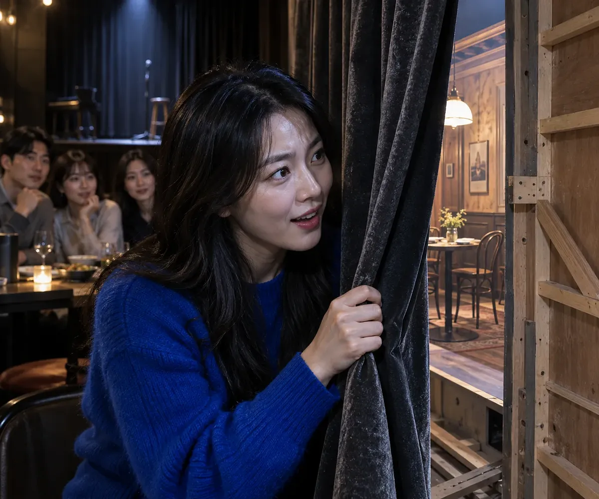 파란 스웨터를 입고 검은 커튼 뒤를 들여다보는 여성과 뒤에 앉은 출연진