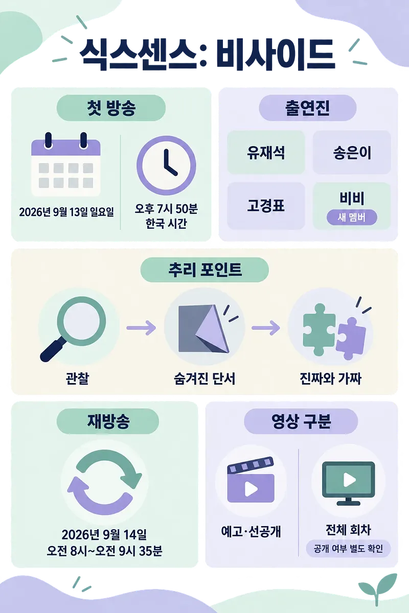 식스센스: B사이드 첫 방송일, 출연진, 추리 방식과 재방송 정보를 정리한 인포그래픽