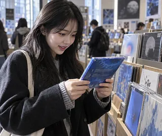 Mujer examinando un álbum azul en una tienda de discos