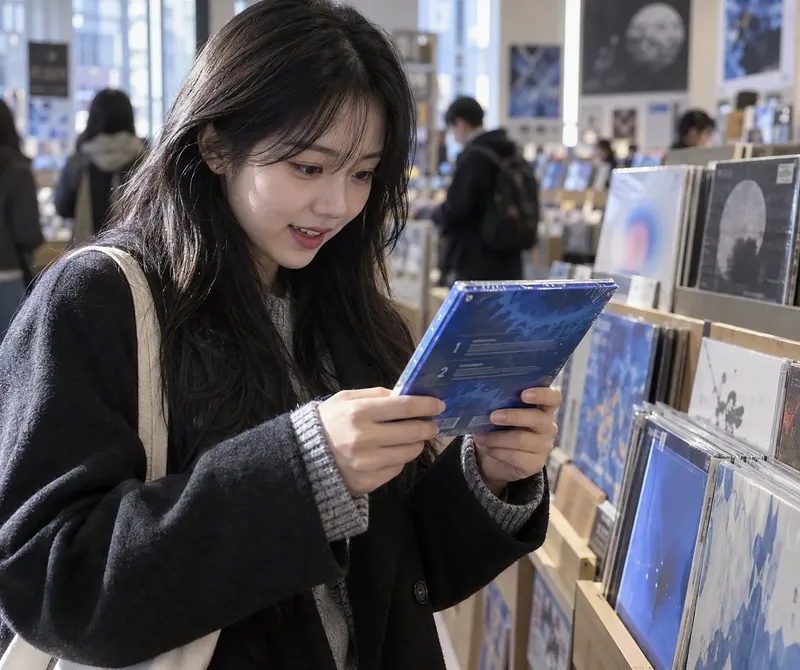 음반 매장에서 파란색 앨범을 살펴보는 여성