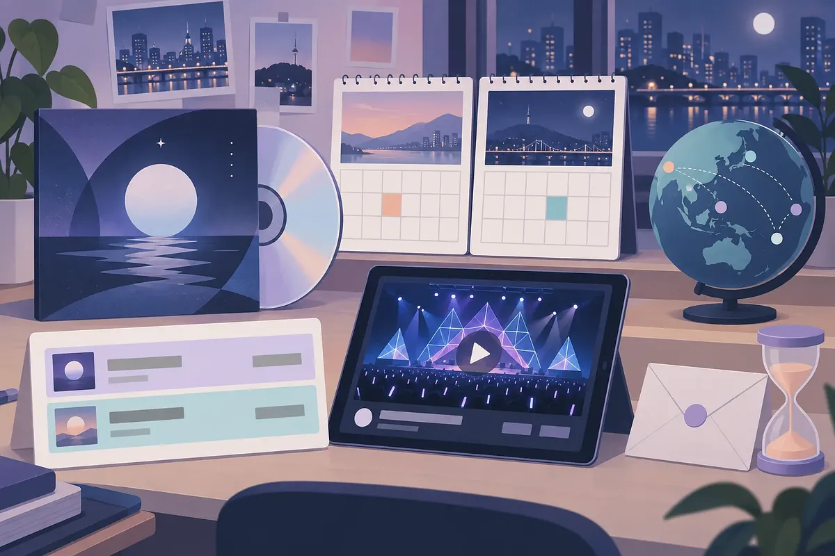 Álbum, CD, calendarios, tableta con un concierto y globo sobre un escritorio ante la ciudad nocturna