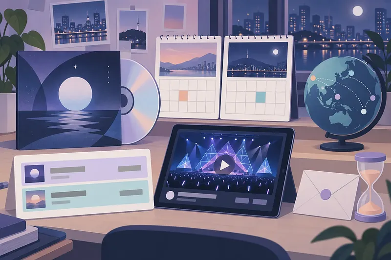 야경이 보이는 책상 위 앨범과 CD, 달력, 콘서트 영상 태블릿, 지구본