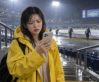 大雨の野球場でスマートフォンを見る黄色い雨具の観客とシートをかけるスタッフ