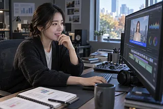 Editora revisando el video de una presentadora en un monitor de edición