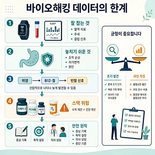바이오해킹 데이터의 한계를 설명하는 인포그래픽, 수면·혈액 지표와 놓치기 쉬운 위험, 균형 원칙 제시