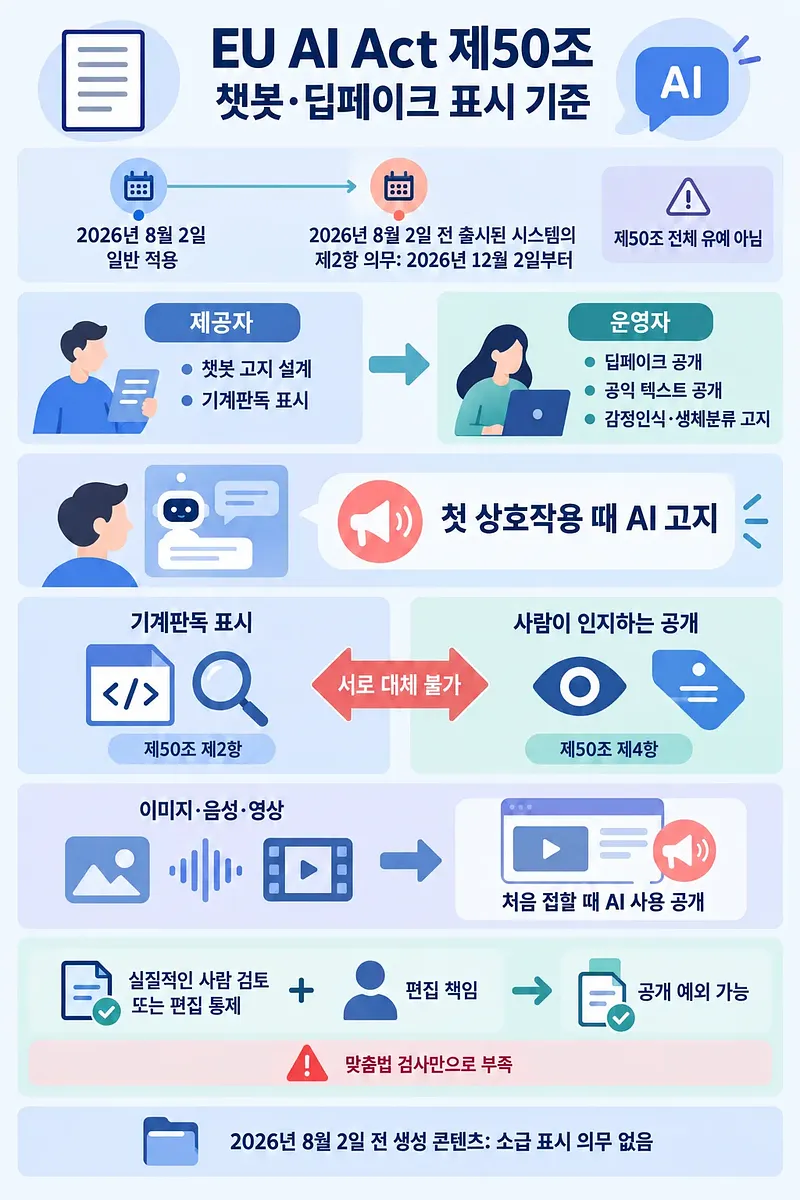 EU AI法第50条のチャットボット・ディープフェイク表示義務と適用時期をまとめた韓国語インフォグラフィック