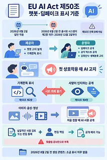 EU AI Act 제50조의 챗봇·딥페이크 표시 의무, 적용 일정과 예외를 정리한 한국어 인포그래픽