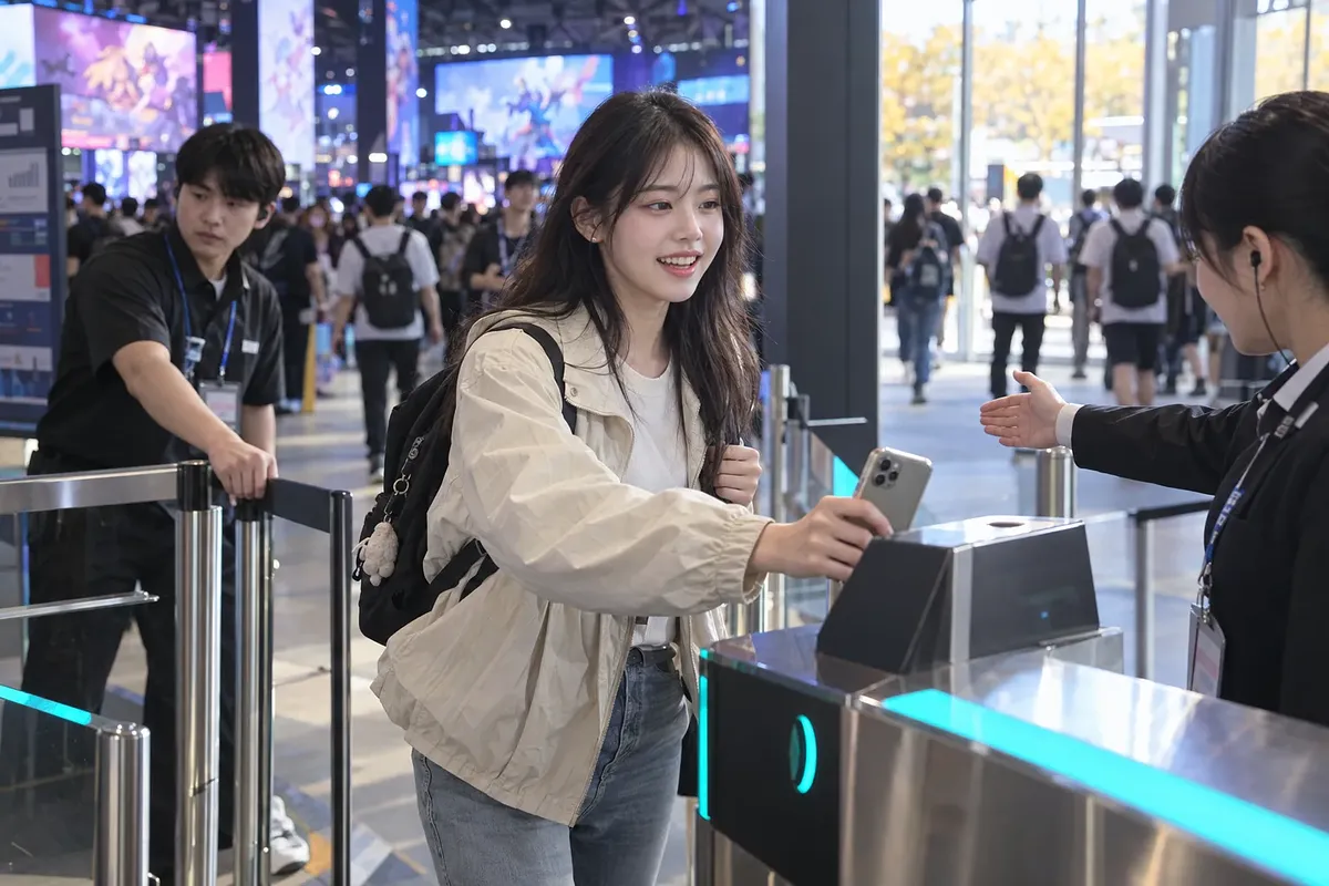 게임 전시장 입구 게이트에서 스마트폰을 태그하는 관람객