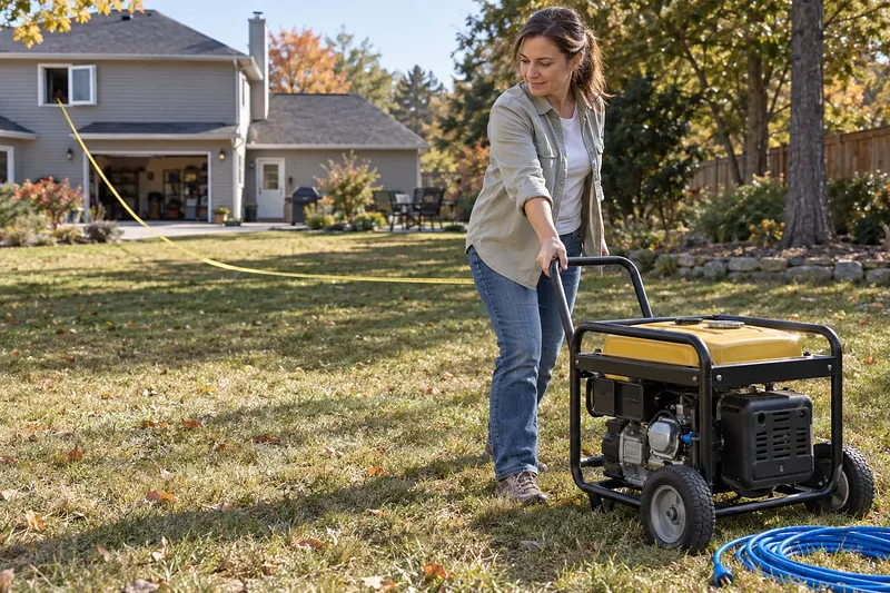 주택에서 떨어진 뒷마당에서 바퀴 달린 휴대용 발전기를 옮기는 여성