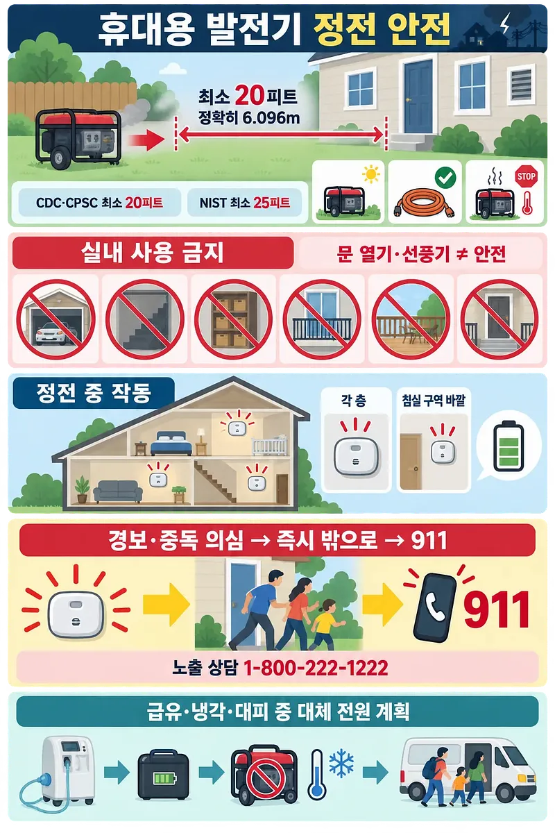 발전기를 집에서 최소 20피트 떨어뜨리고 실내 사용을 금지하는 정전 안전 안내도