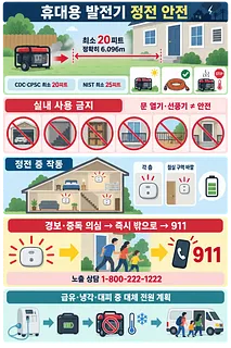 발전기를 집에서 최소 20피트 떨어뜨리고 실내 사용을 금지하는 정전 안전 안내도