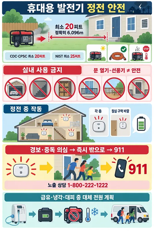 발전기를 집에서 최소 20피트 떨어뜨리고 실내 사용을 금지하는 정전 안전 안내도