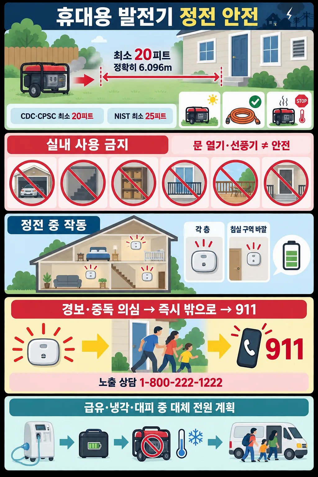 발전기를 집에서 최소 20피트 떨어뜨리고 실내 사용을 금지하는 정전 안전 안내도