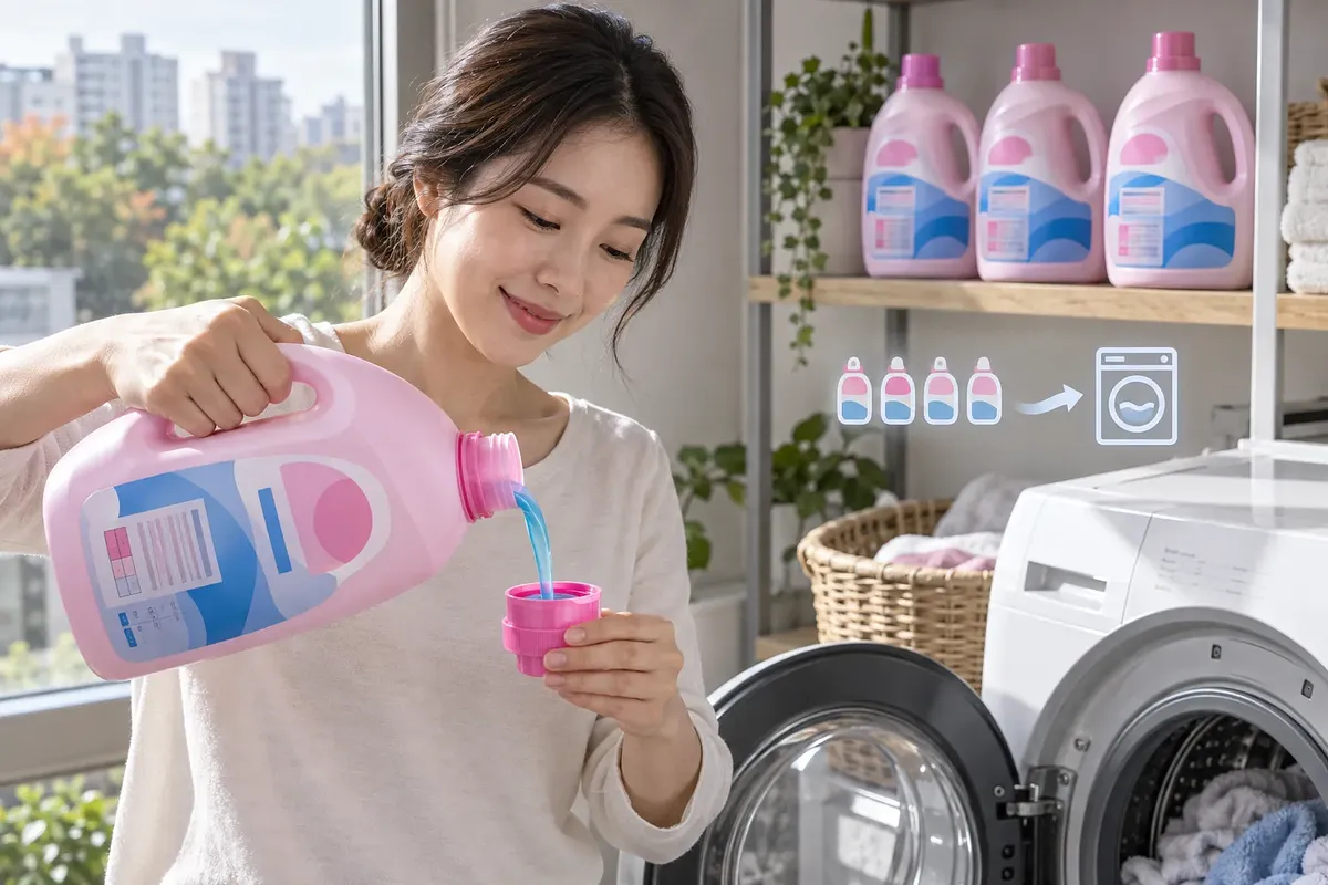 Mujer vertiendo detergente azul de una botella rosa en un tapón junto a la lavadora