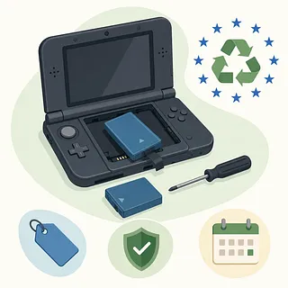 Handheld game console with a removable battery, screwdriver, and EU recycling symbols
