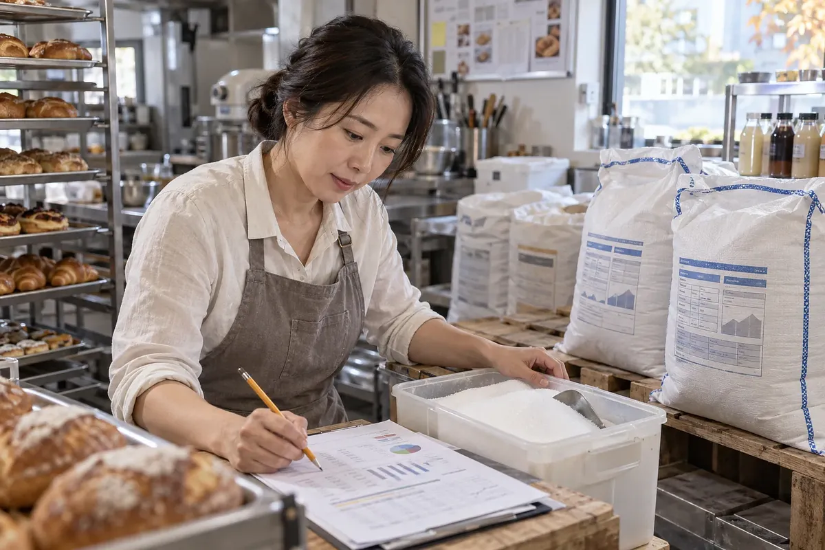 빵이 진열된 제빵 작업장에서 설탕 통과 포대 옆 자료를 확인하는 제빵사