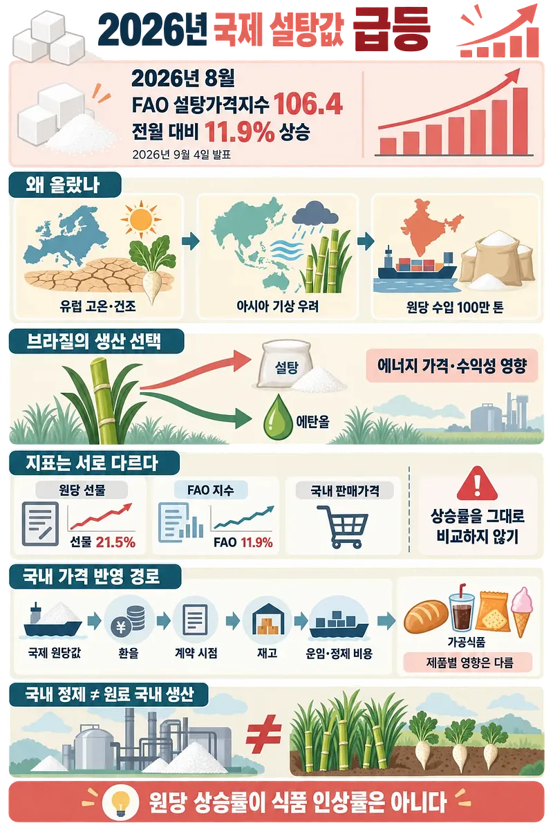 2026년 8월 FAO 설탕가격지수와 급등 원인, 국내 식품가격 반영 경로를 정리한 인포그래픽