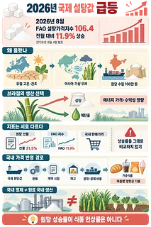 2026년 8월 FAO 설탕가격지수와 급등 원인, 국내 식품가격 반영 경로를 정리한 인포그래픽