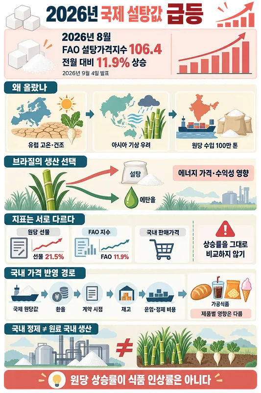 2026년 8월 FAO 설탕가격지수와 급등 원인, 국내 식품가격 반영 경로를 정리한 인포그래픽