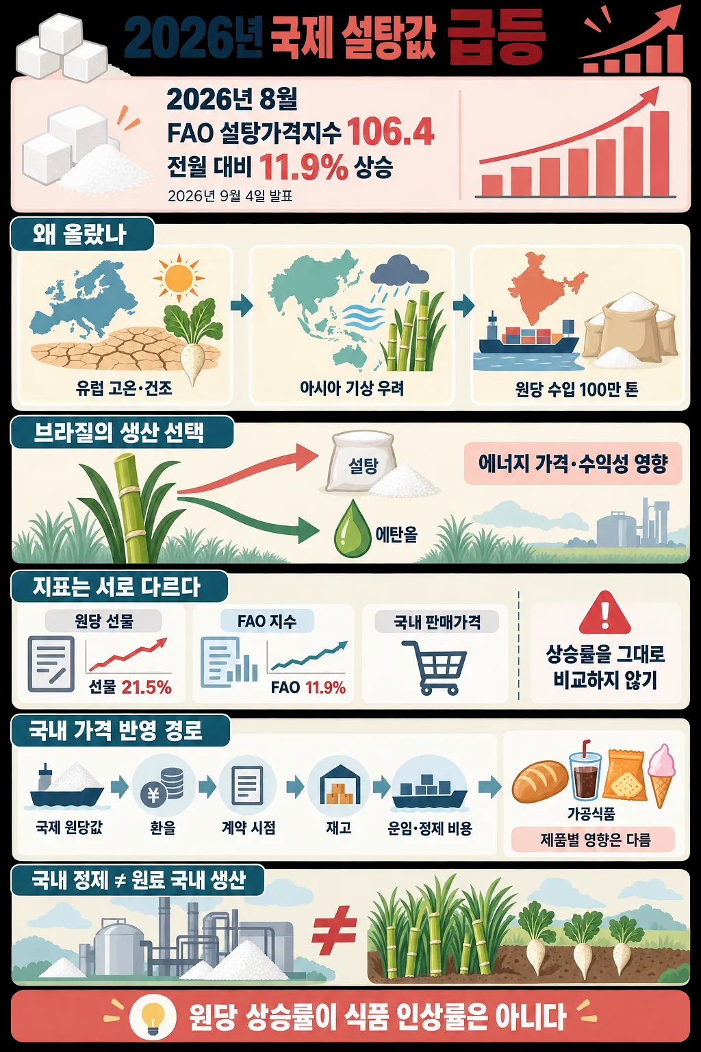 2026년 8월 FAO 설탕가격지수와 급등 원인, 국내 식품가격 반영 경로를 정리한 인포그래픽