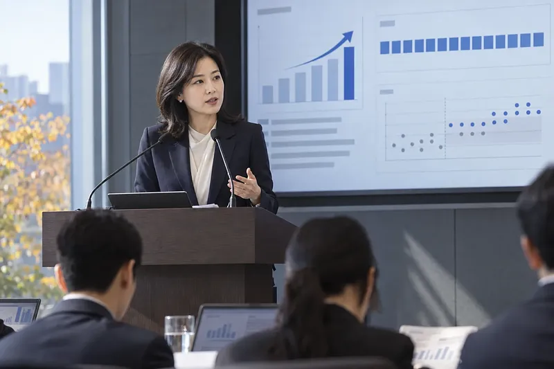 금리 전망 차트 앞 연단에서 청중에게 발표하는 여성