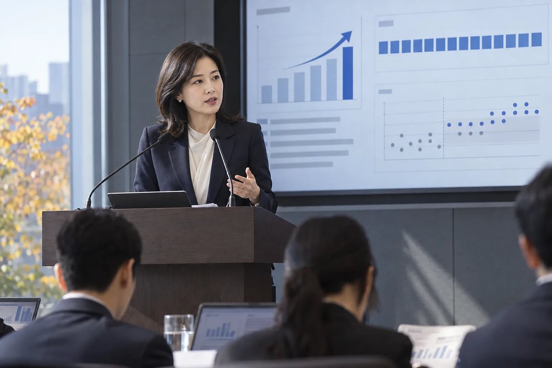 金利見通しのグラフを背に演壇で聴衆へ説明する女性