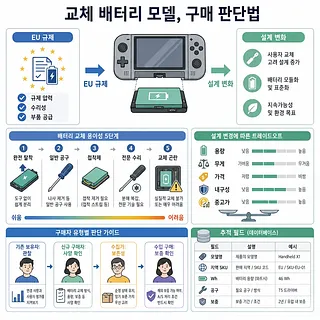 교체 배터리 휴대용 게임기 모델의 EU 규제, 설계 변화, 구매 판단 기준을 정리한 인포그래픽