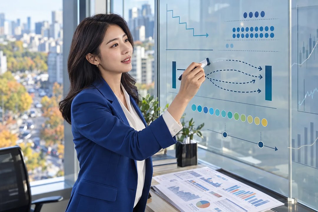オフィスのガラスボードに経済動向とグラフを描く青いスーツの女性