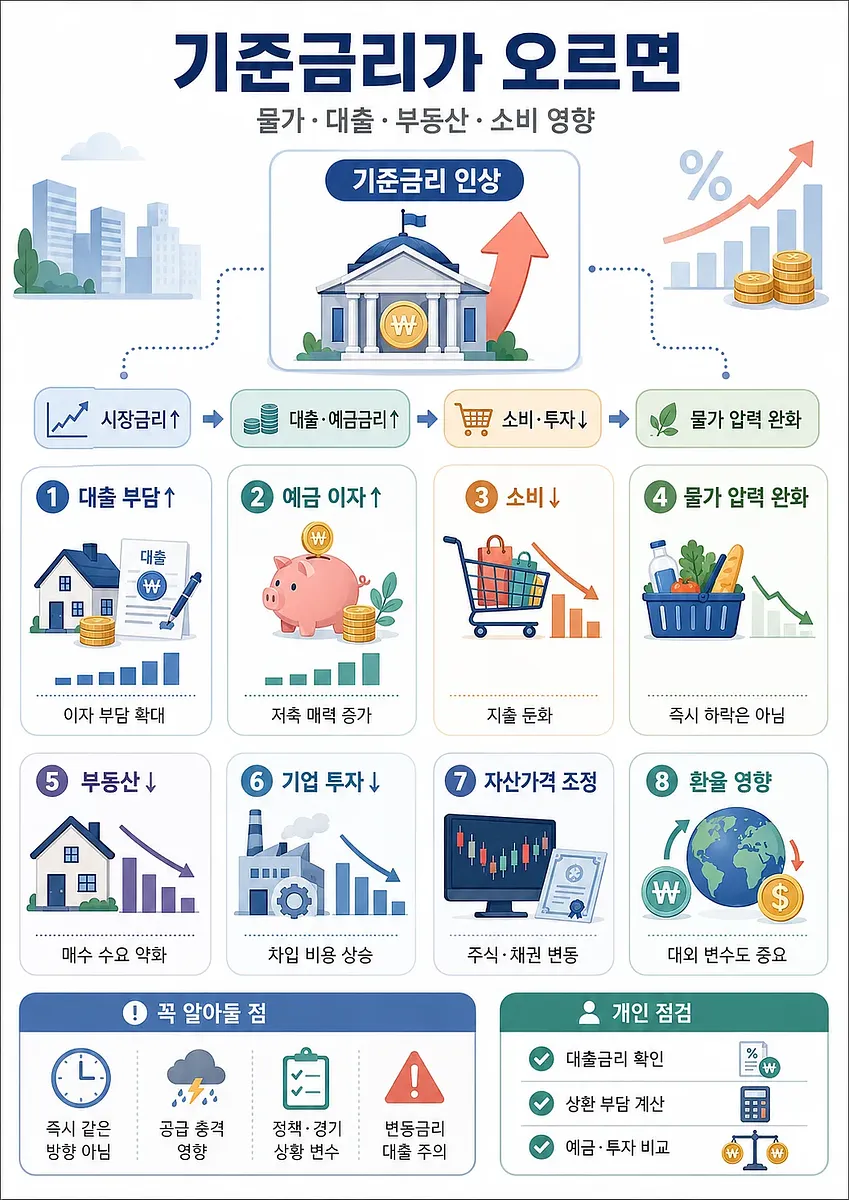 기준금리 인상 허브와 대출, 예금, 소비, 물가, 부동산, 기업, 자산, 환율 영향 카드로 구성된 인포그래픽