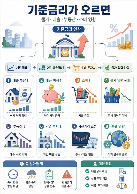 기준금리 인상 허브와 대출, 예금, 소비, 물가, 부동산, 기업, 자산, 환율 영향 카드로 구성된 인포그래픽