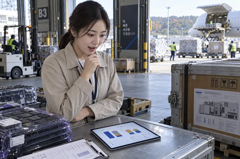 Woman reviewing export data on a tablet beside electronics at an air cargo terminal
