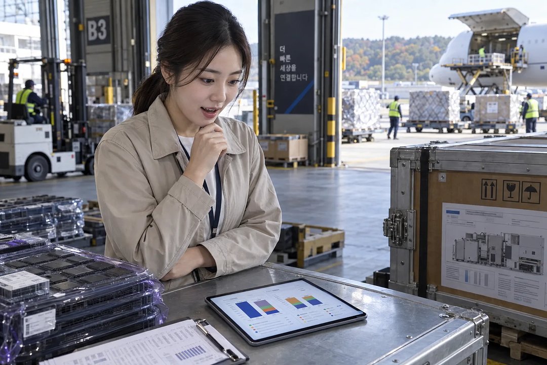 航空貨物ターミナルで電子部品とタブレットの輸出資料を確認する女性